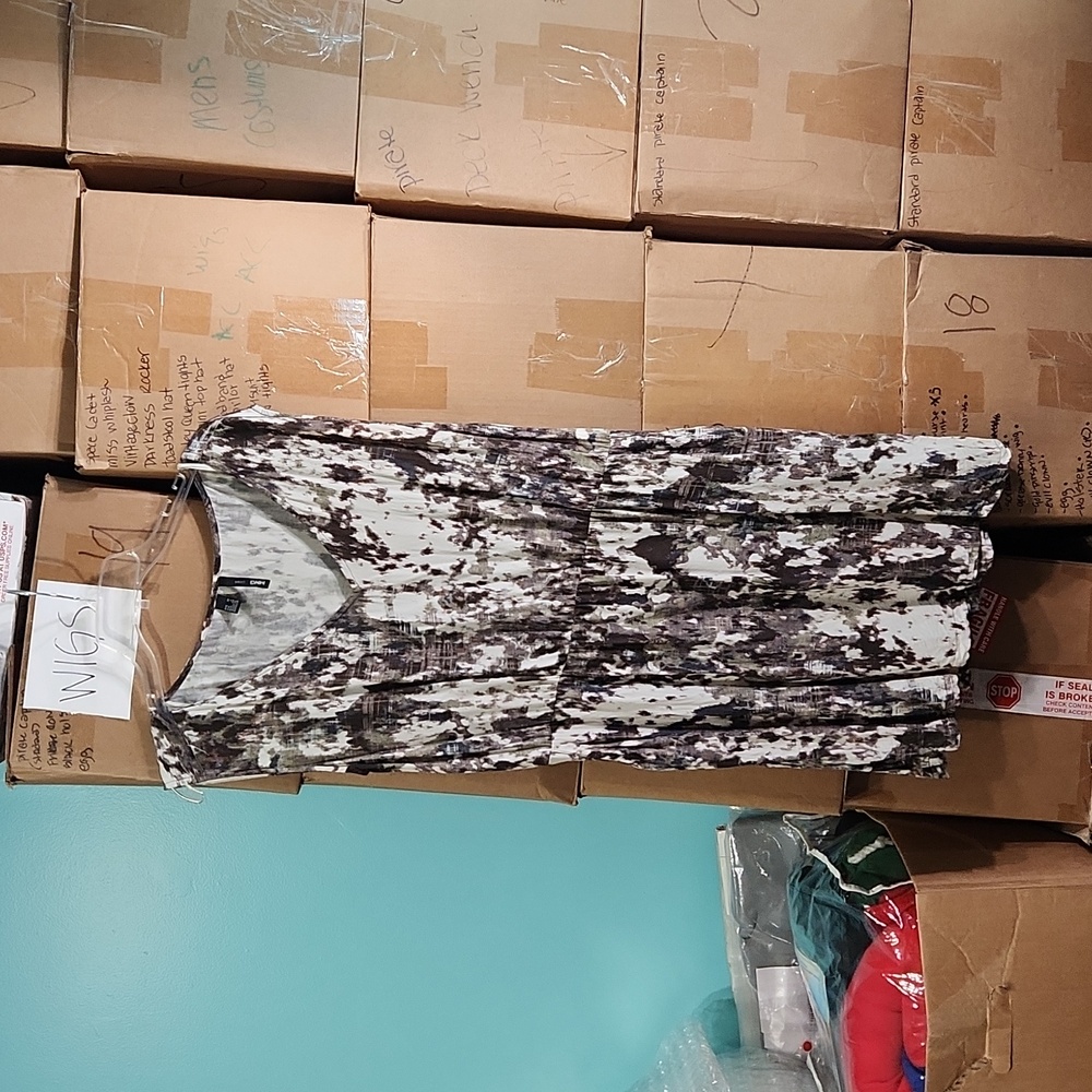MNG by Mango Splatter Print Dress XLARGE Cream, Olive, Brown Pockets